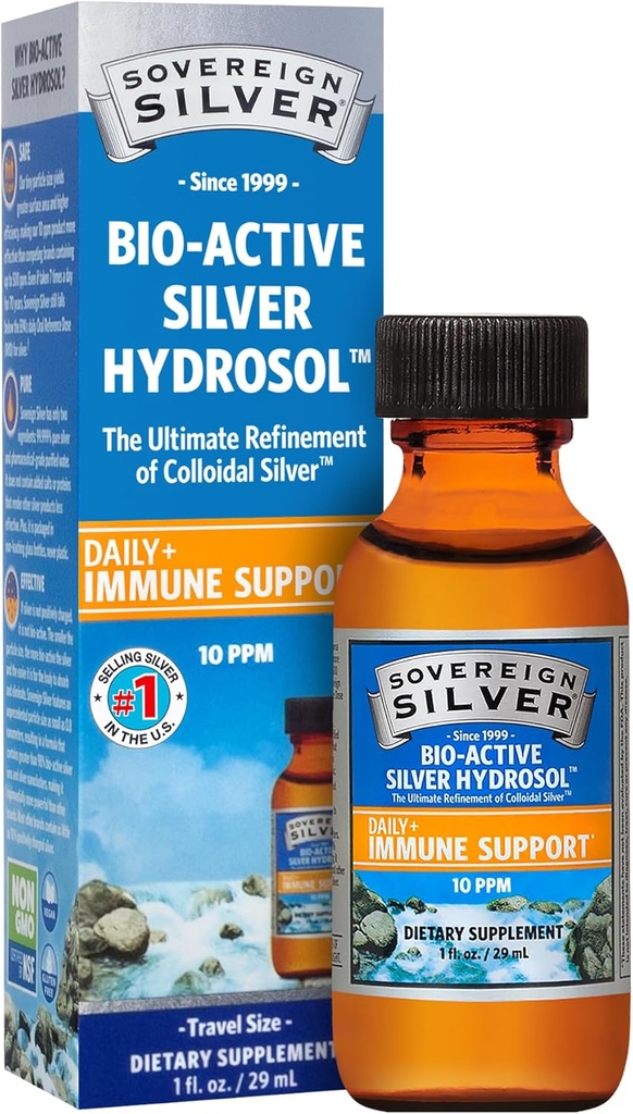 Sovereign Sølv Immunitet Support - Kolloid Sølv, Bio- Aktiv Sølv Hydrosol, 10 ppm, Flydende Twist Top, Rejsestørrelse, 1 Fl Oz, (29 ml)