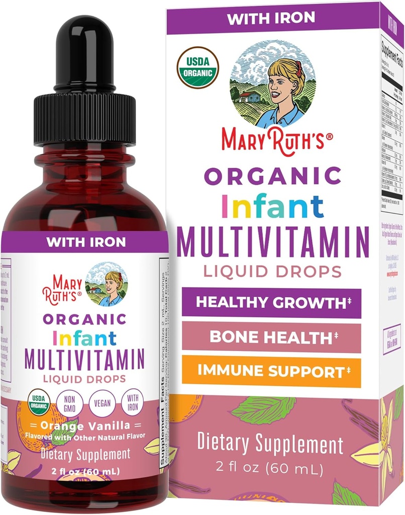 MaryRuth Organics Multivitamin med jern til spædbørn; USDA Organical Measures 124; Liquid Drops til babyer 6- 12 Måneder Measures 124; immunforsvar & Samlet Wellness Measures 124; Vegan Measures 124; Non- GMO Measures 124; Gluten Free Measures 124; 2 Fl Oz
