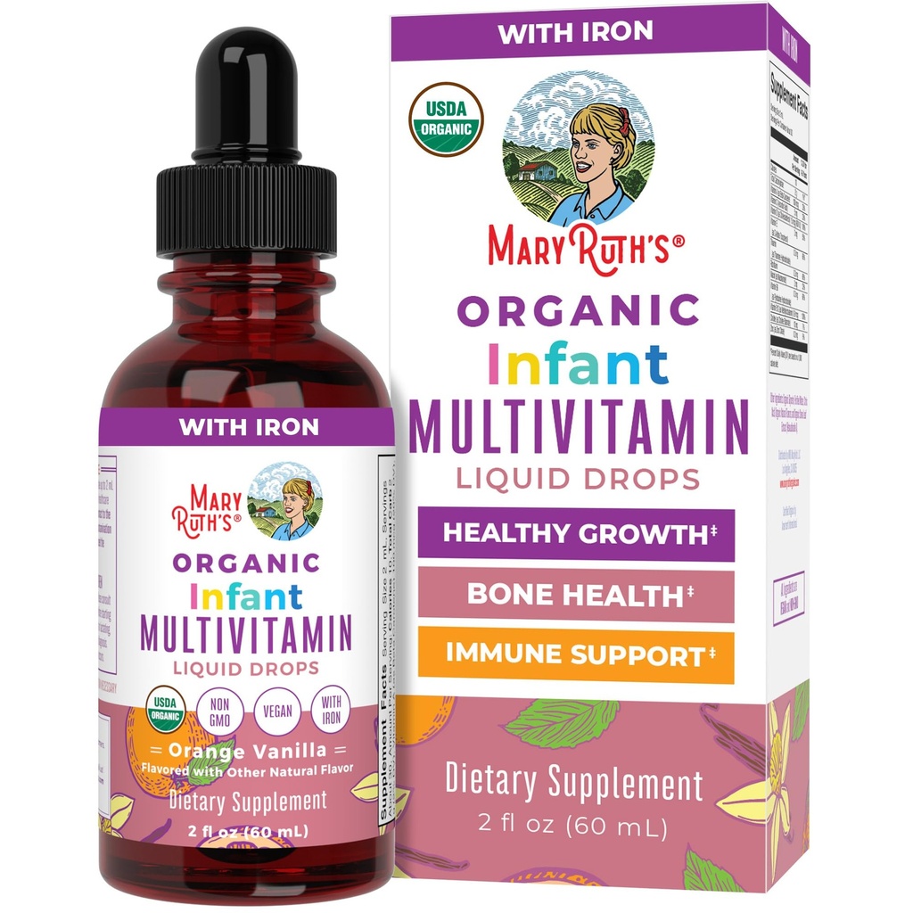 MaryRuth Organics Multivitamin med jern til spædbørn; USDA Organical Measures 124; Liquid Drops til babyer 6- 12 Måneder Measures 124; immunforsvar & Samlet Wellness Measures 124; Vegan Measures 124; Non- GMO Measures 124; Gluten Free Measures 124; 2 Fl Oz
