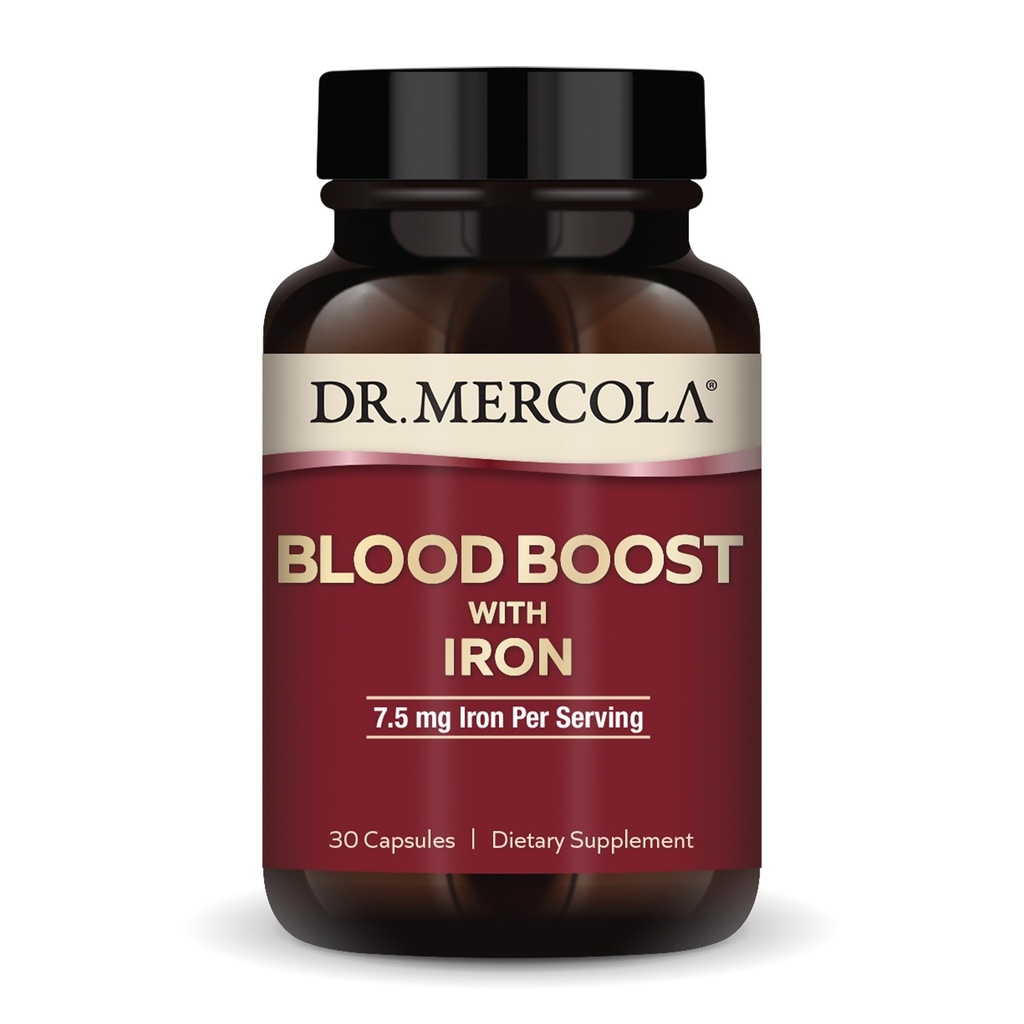 Dr. Mercola Blood Boost med jern, 30 kapsler 7, 5 mg jern, non-GMO, gluten fri, soja fri