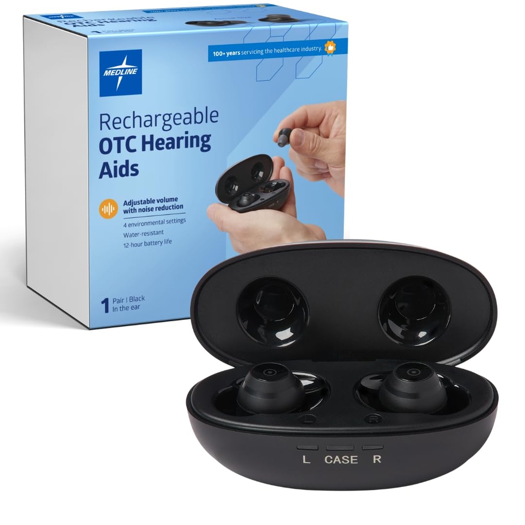 Medline Genopladelige OTC hørelse hjælpemidler, Sort, in-The- Ear, 4 miljømæssige indstillinger, vand resistent, justerbar volumen, Mild til moderat høretab, støjreduktion, Earbud hørelse hjælpemidler