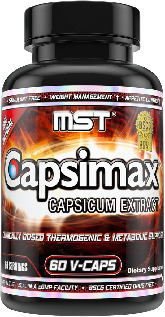 MST Capsimax Supplement 100mg V kapsler, 60 Servering Klinisk doseret vægthåndtering, termogene, Appetitkontrol, Calorie Burning, Metabolic Health, Stimulant Gratis. BSCG Certificeret