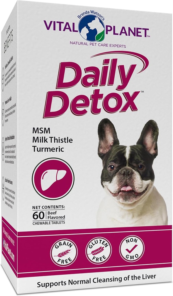 Vital Planet - Daglig Detox for hunde med MSM, Milk Thistle, Spirulina, og gurkemeje, Understøtter immunsystemet og naturlige clearing af leveren - 60 Beef Flavored Chewable Tablets