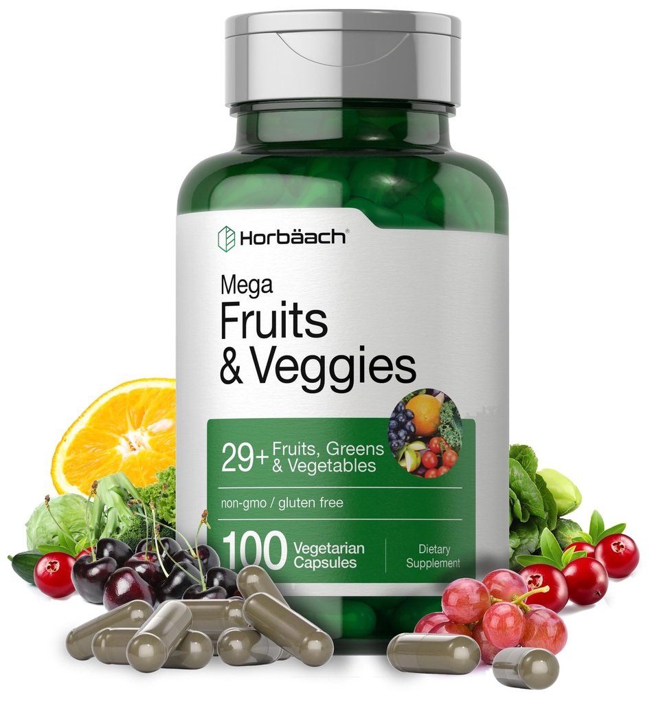 Horbäach Mega Fruits and Veggies Supplements 124; 100 Kapsler 124; Vegetarisk, Non- GMO og Gluten Free