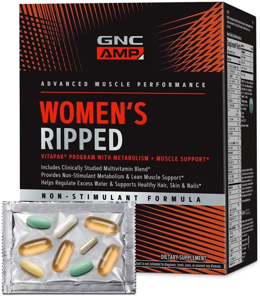 GNC AMP kvinders Ripped Non- Stim Vitapak Program, 5 Produkter i 1 Vitamin Pack, Metabolisme & Lean Muscle, Vandafledning, Proven Ingredienser, CLA, Biotin, Multivitamin, Koffein fri, 30-dages forsyning