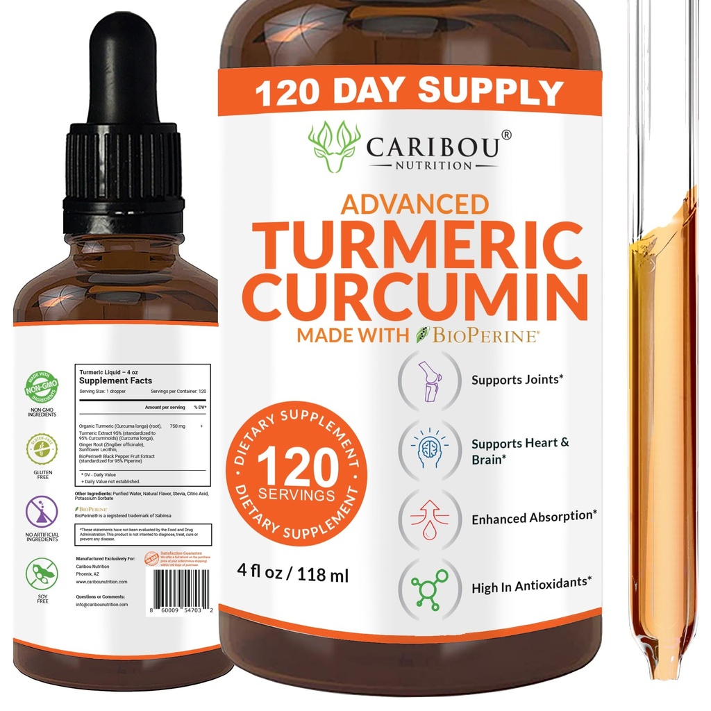 Flydende gurkemeje med bioperine til forbedret absorption - gurkemeje supplement til fælles støtte - gurkemeje ekstrakt med sort peber - 2 måneders forsyning - 4oz
