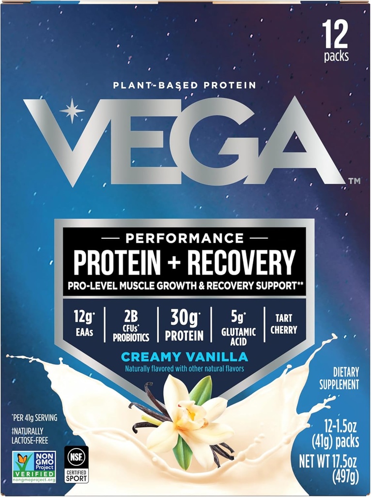 Vega Protein + Recovery - 30g Plant- baseret protein per servering, Vanilla, 12 x 1.6oz Sachets, 5g BCAA, Probiotika, NSF Certified, For Shakes & Smoothies, (Packaging May Vary)
