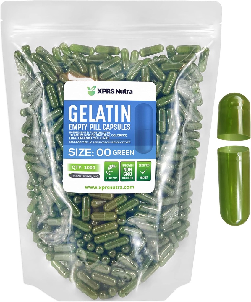 XPRS Nutra Størrelse 00 Tomme kapsler - 1000 Tomme Gelatine kapsler - Piller selv Kapsel Fyldning - Fyldelige Pille Gel Caps til Do- It- Yourself Kosttilskud (grøn)