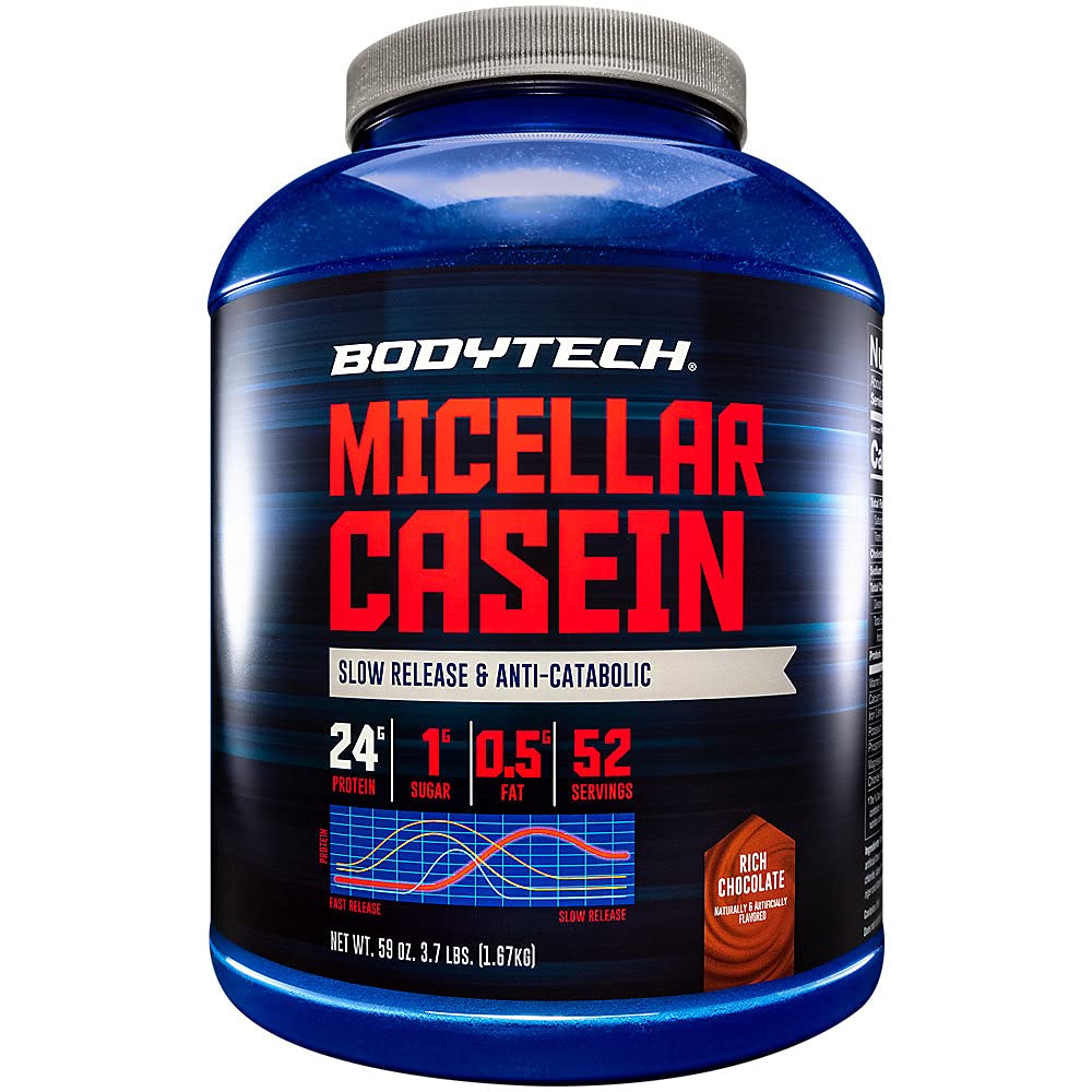 BODYTECH Micellar Casein Protein Powder, Slow Release for Overnight Muscle Recovery - 24 gram protein per servering - Rich Chocolate (4 Pund)