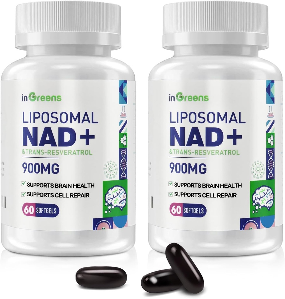 900 mg Liposomal NAD + Supplement med Trans Resveratrol 300 mg, Erstatter NMN, Superior Absorption, True NAD Plus supplement til DNA reparation og Boost NAD +, Aging Defense, Energy, 120 Softgels, 2 Pack