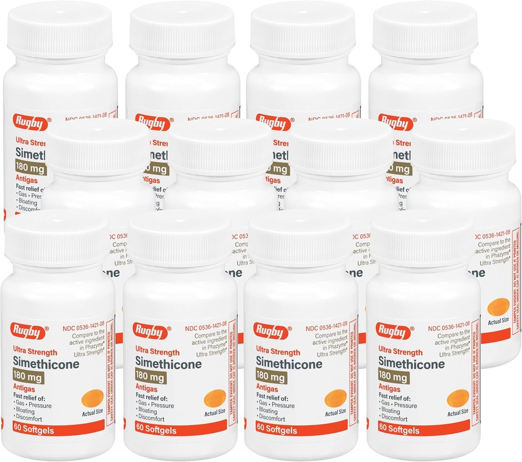 Rugby Ultra Strength Simeticone Gas Relief 180 mg - Maksimal Gas Relief for voksne - Kan hjælpe med symptomer på flatulens, Bloating, Gas Fullness - 60 Softgels (12 Pack)