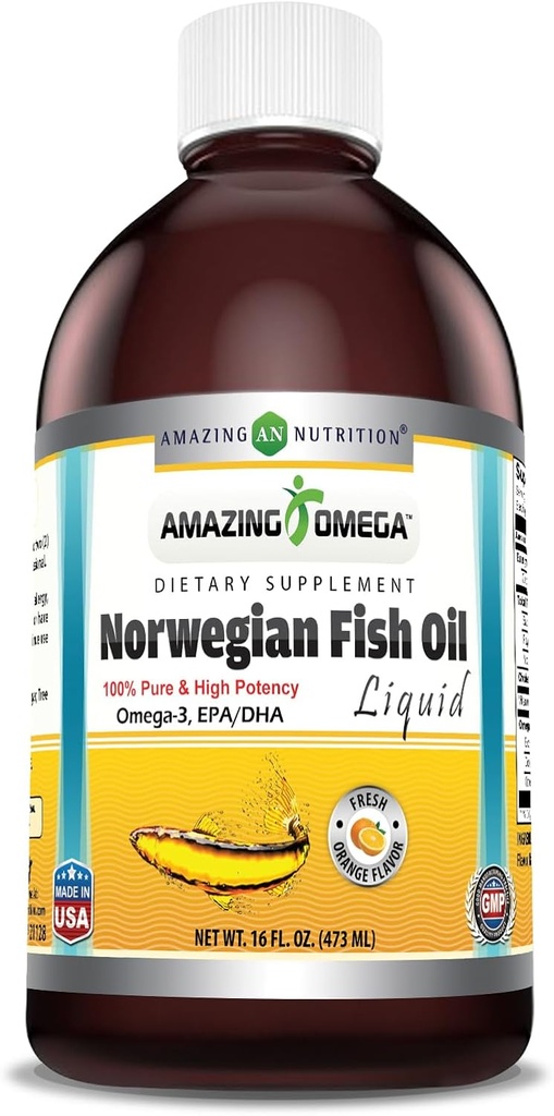 Amazing Omega Norwegian Fish Oil 16 Oz Supplement Note 124; 1625mg Omega -3s, DHA, EPA per Serving Note 124; Fresh Orange Flavor Note 124; Non- Gmo Note 124; Gluten Free