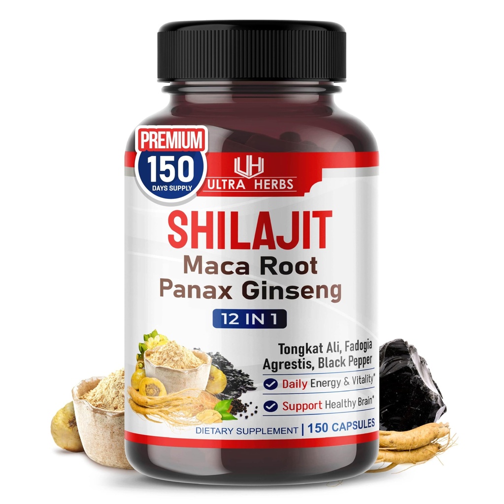Shilajit Pure Himalayan - Energy Booster 85% Fulvic Acid, Maca Root, Panax Ginseng, Tongkat Ali, Fadogia Agrestis - Metabolisme og Immunitet Support - 150 kapsler