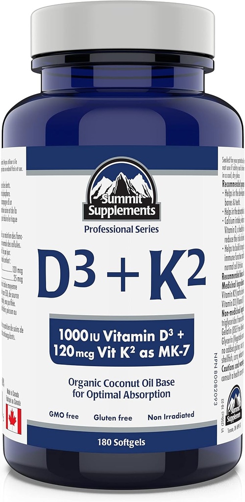 Summit Kosttilskud - Vitamin D3 K2, 180 Softgels - Formuleret til at hjælpe dig med at bevare sunde knogler, tænder og muskler - Support Body Calcium Absorption og reducere risikoen for frakturer