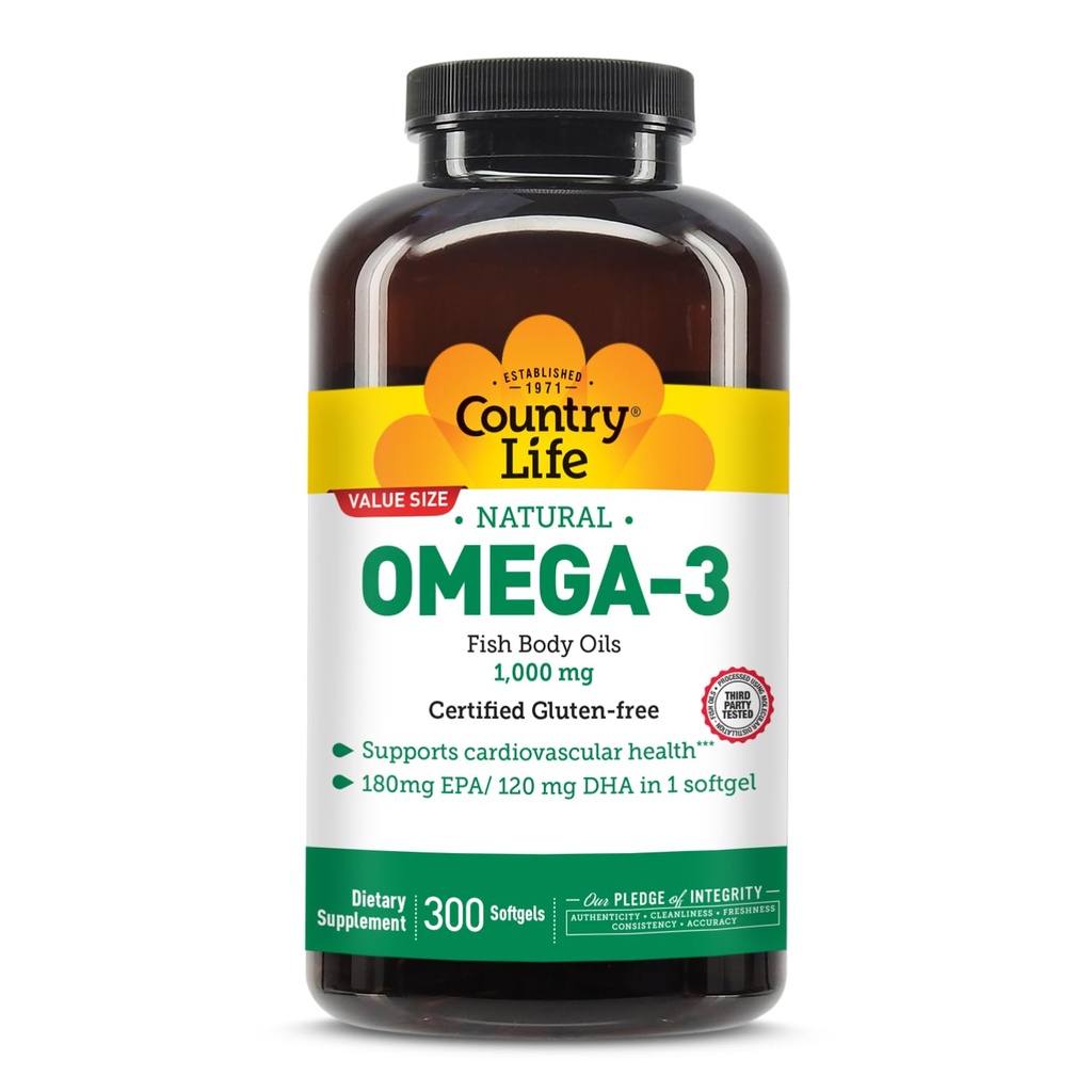 Country Life Omega-3 Fish Oil Supplement, 1000mg, 180mg EPA & 120mg DHA, Fish Oil Concentrate, Burpless, 300 Softgel, Certified Gluten Free