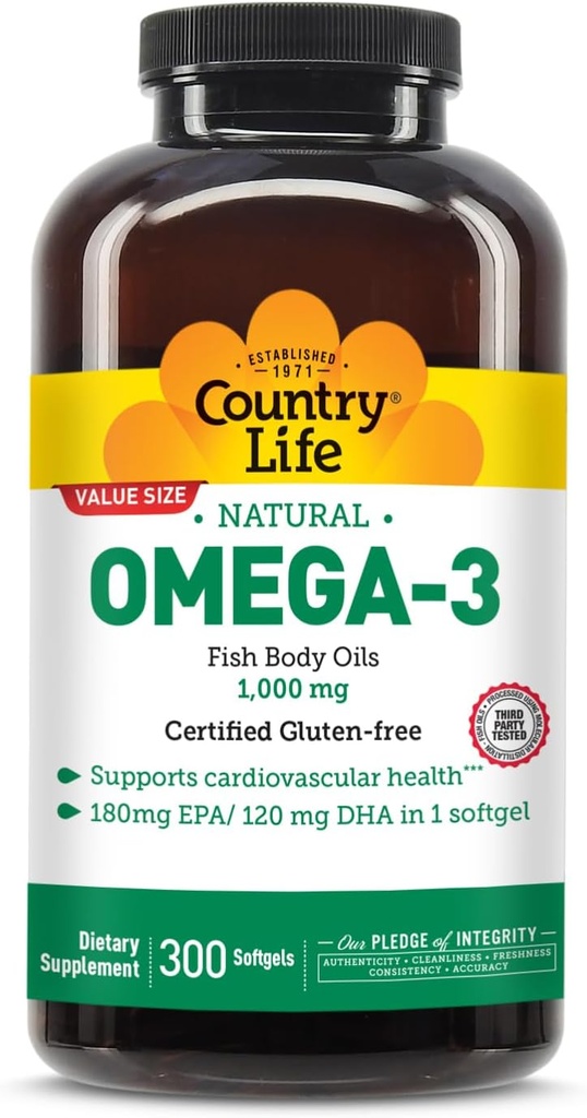 Country Life Omega-3 Fish Oil Supplement, 1000mg, 180mg EPA & 120mg DHA, Fish Oil Concentrate, Burpless, 300 Softgel, Certified Gluten Free