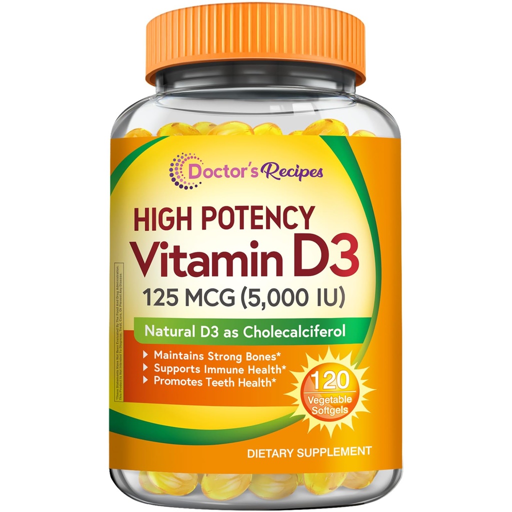 Lægens opskrifter Vitamin D3 5000IE, immunforsvar for knogler, tænder og immunfunktion, non-GMO, ingen Gelatine, Gluten eller Soy, 120 Vegetarisk Softgels