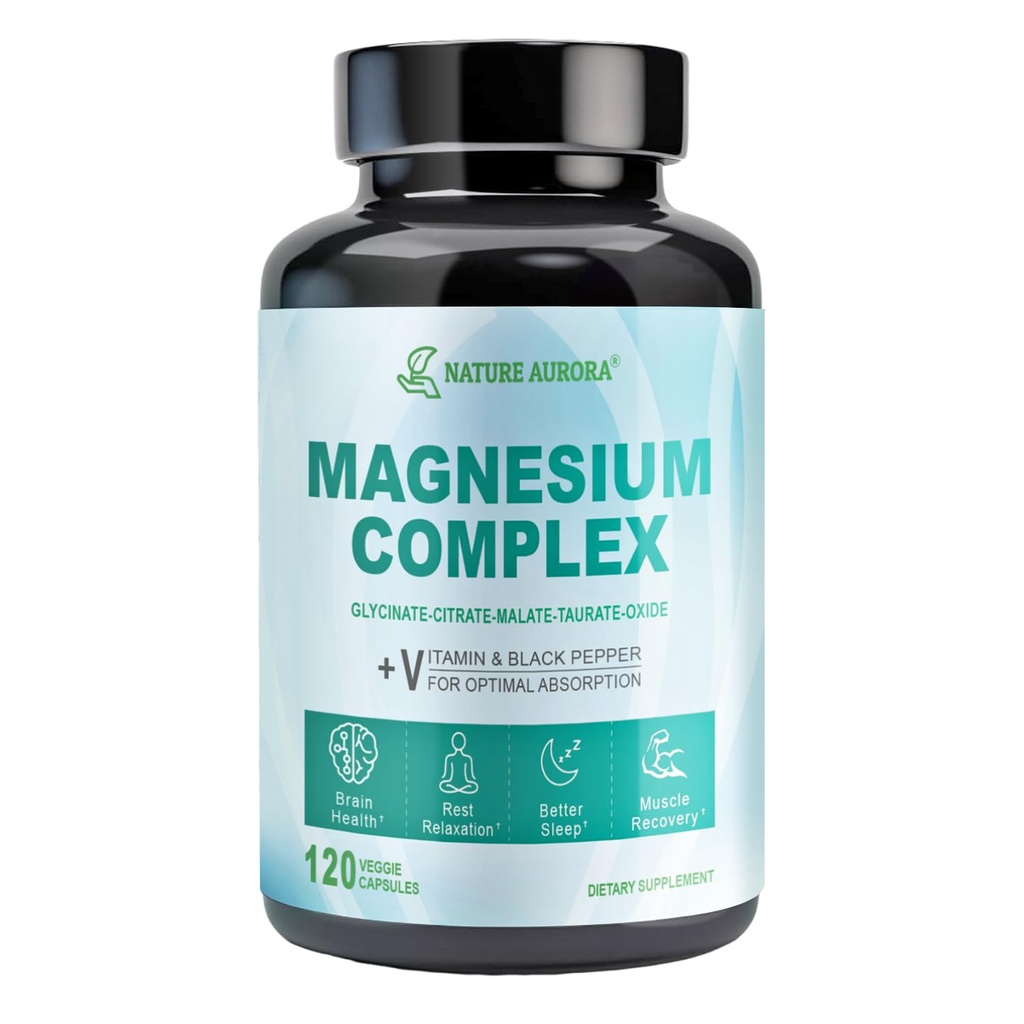 Magnesiumkompleks - Chelated Magnesiumglycinat, Citrat, Taurat, Malat, Oxide Kapsler - Høj Absorption Magnesium til søvn, Leg kramper, Muskelrelief, 400mg, 120 Veggie Kapsler