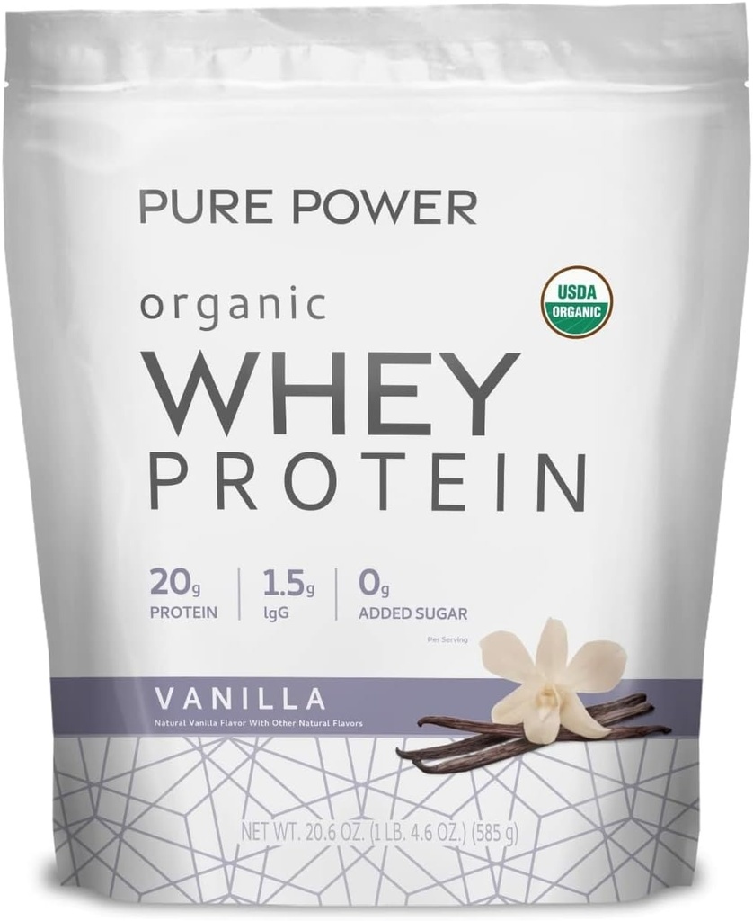 Dr. Mercola Pure Power Organic Whey Protein - 20 g Protein - Understøtter muskelvækst & energi - Græs- Fed Whey koncentrat - 15 Servere (20.60 oz) - Vanilla