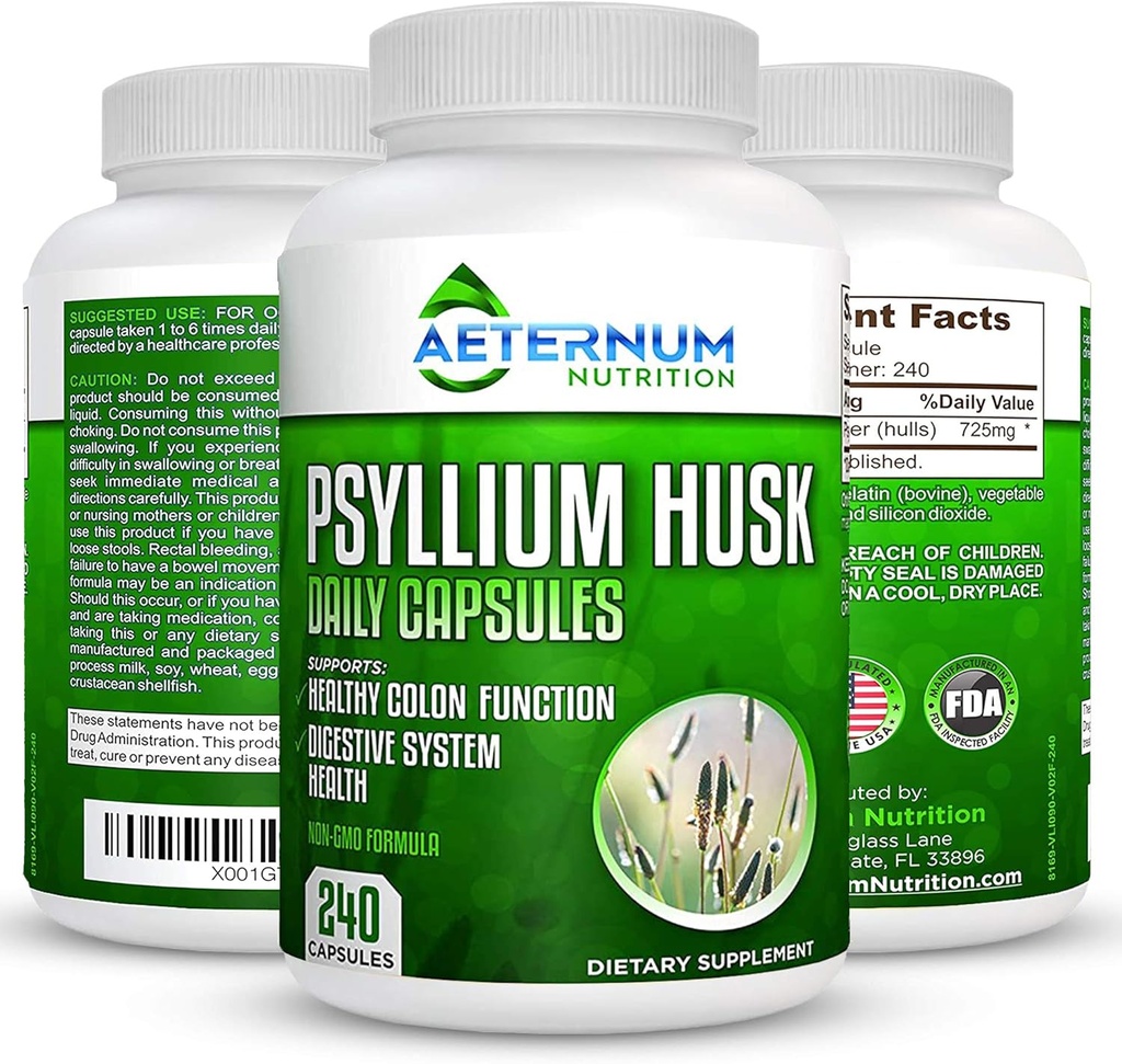 Aeternum Psyllium Husk Caps USA Made - Premium All Natural Fiber Supplement - 240 Husk Powder Kapsler 725 Mg pr Servering, Understøtter sundt fordøjelsessystem - Alle naturlige 100% Opløselig