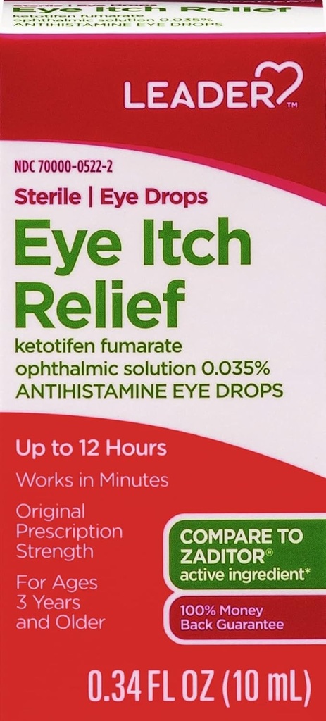 LEADER Steril øjendråber for øje Allergi & Itch Relief, Ketotifen Antihistamin Solution 0,035%, Arbejder i minutter, op til 12 timer, Præskriptionsstyrke 0,34 oz