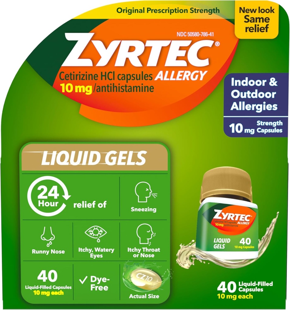 Zyrtec 24 timers Allergi Relief Flydende Gels, Antihistamin Kapsler med Cetirizin HCl Allergi Medicin for All- Day Relief fra Runny Næse, Nysen, Itchy Eyes & mere, 40 Tæl