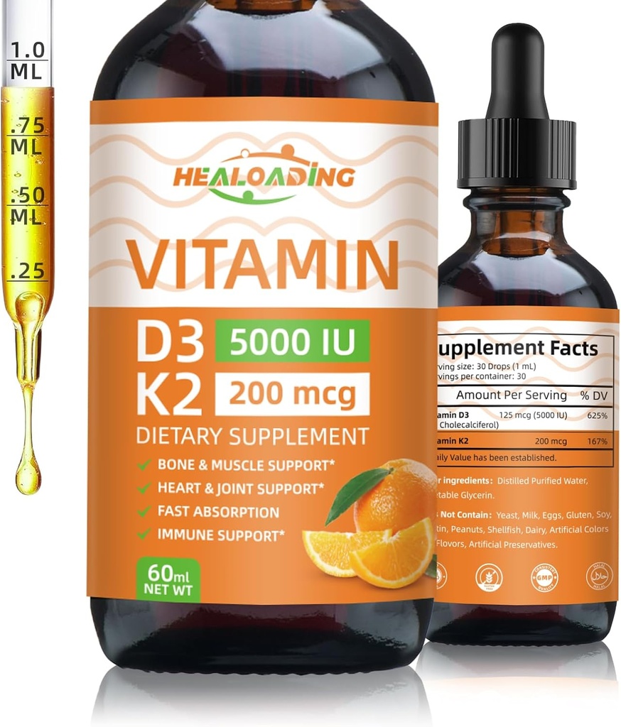 Organisk vitamin D3 + K2 dråber: 5000 IE Plant- baseret D3 & 200mcg K2 flydende Kosttilskud