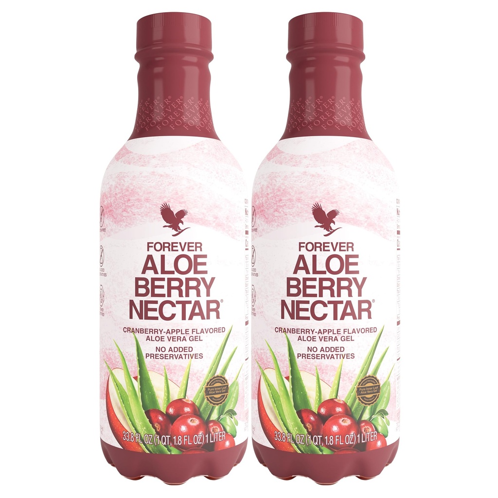 Forever Living - Aloe Berry Nectar - 90,7% Pure Aloe Vera Gel med tranebær og æbler - Ingen konserveringsmidler - 1L (pakke med 2)