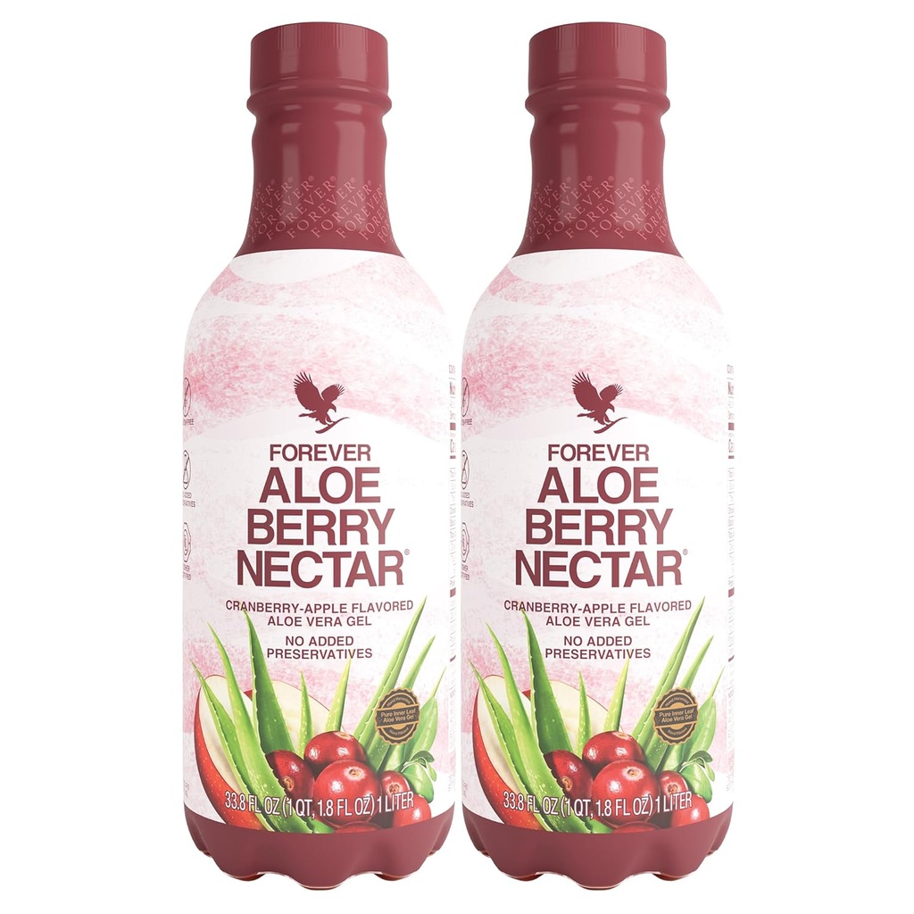 Forever Living - Aloe Berry Nectar - 90,7% Pure Aloe Vera Gel med tranebær og æbler - Ingen konserveringsmidler - 1L (pakke med 2)