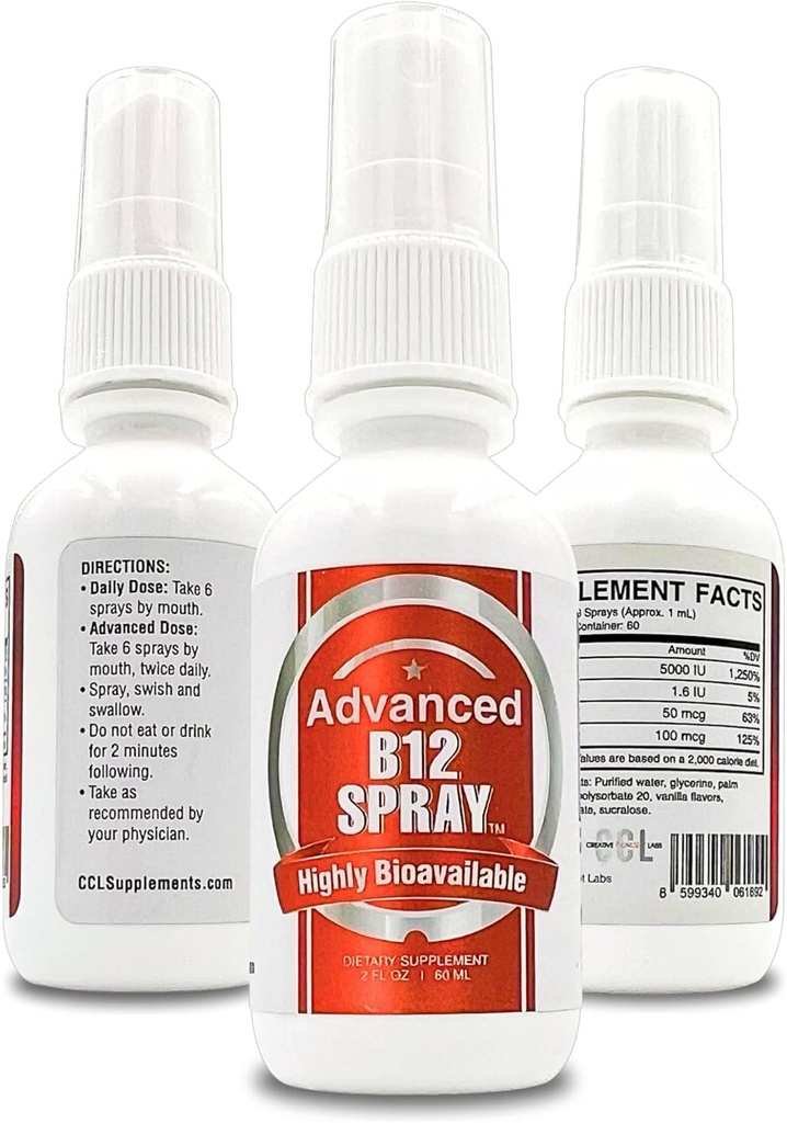 Vitamin B12 Energy Spray, Methylcobalamin med folinsyre Sublingual Liquid Complex for Focus, & Metabolisme, Nano Technology Instant Absorption og brugerdefineret dosering (2 oz - 60 Servering)