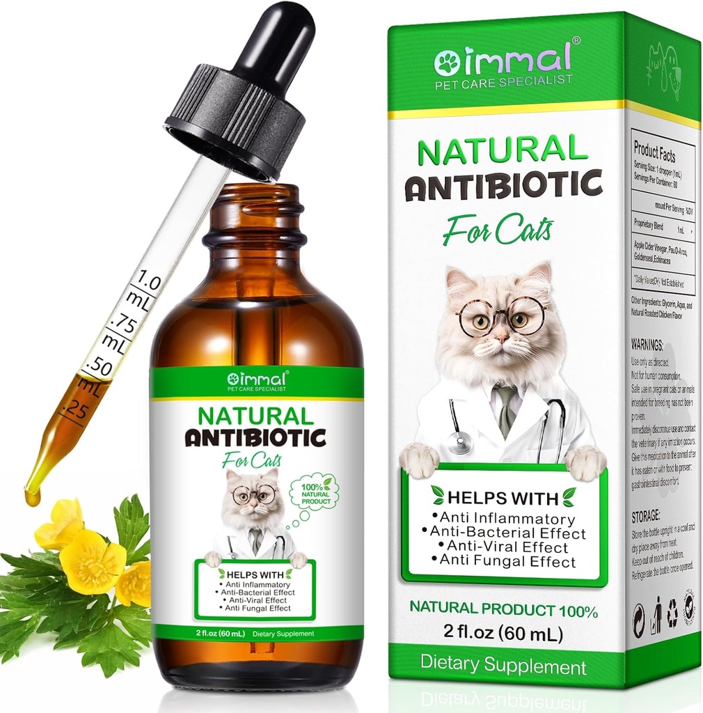 Antibiotika til katte, Premium Cat Antibiotika Supplements, Natural Antibiotika til katte, Kæledyrstilskud, Kat Antibiotika understøtter immun- og katteallergi Relief, Kat Multivitamin - 2 Fl Oz / 60ML