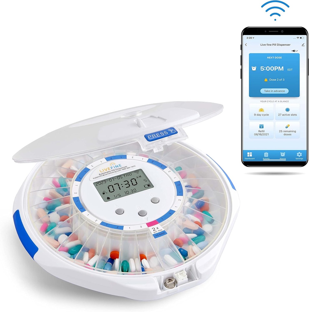 Live Fine Smart WiFi Automatic Pill Dispenser Frosted Lid Name 124; 28- Day Medication Organizer Op til 9 doser per dag for pleje overvågning med lås nøgle, lys / lyd alarmer til receptioner og vitaminer