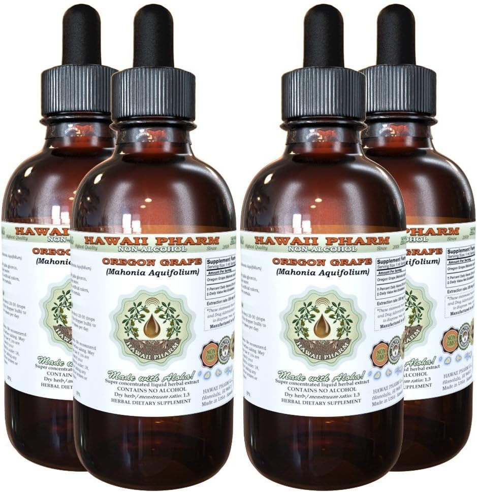 Hawaii Pharm Oregon Grape Alkohol- Free Liquid Extract, Oregon Grape (Mahonia aquifolium) Tørret Root Glycerite Natural Herbal Supplement, USA 4x4 fl.oz
