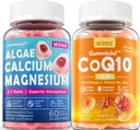 Sugar Free Calcium Supplement 600mg, Algae Calcium Magnesium 2:1 Ratio + Sugar-Free CoQ10-250mg Filled Gummies, High Absorption Coenzyme Q10