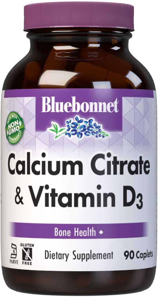 Bluebonnet Nutrition Calcium Citrate & Vitamin D3, Knoglesundhed *, Non- GMO, Kosher Parve, Gluten- Free, Soy- Free, 90 Caplets, 22.5 Servere