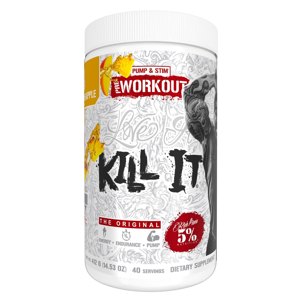 5% Nutrition Rich Piana Kill It Pre Workout Powder w / Creatin, Koffein, Beta Alanine, Hydroprime Glycerol til Pump, Styrke, Endurance Budding 124; 14.11 oz, 40 Srvgs (Mango Pineapple)