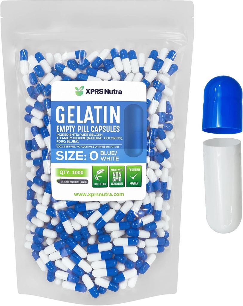 XPRS Nutra Størrelse 0 Tomme kapsler - 1000 Tomme Gelatine kapsler - Piller gør det - Pure Bovin Pill Gel Caps til Do- It- Yourself Kosttilskud (blå / hvid)