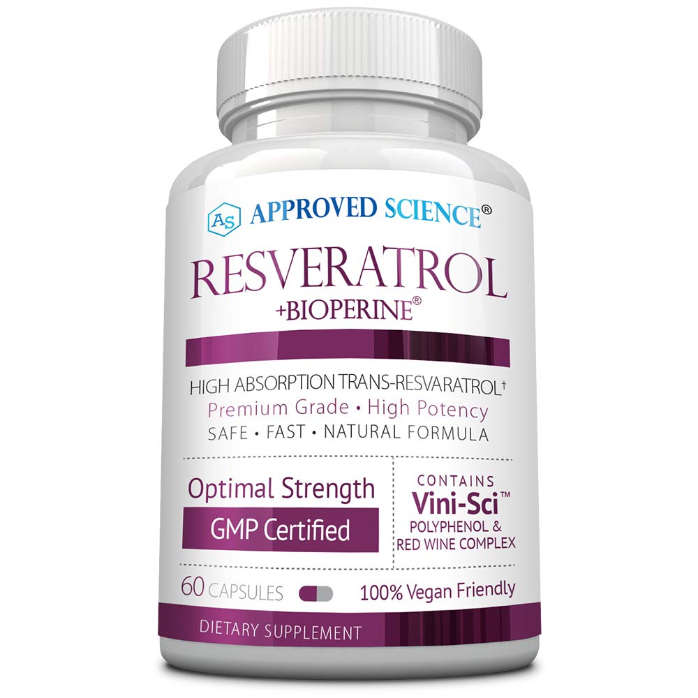 Godkendte Science ® Resveratrol - 1000 mg Trans Resveratrol - 250 mg Polyphenol - 98% Renhed - Inkluderer Bioperine ® - 60 Veganske venlige kapsler - 1 flaske