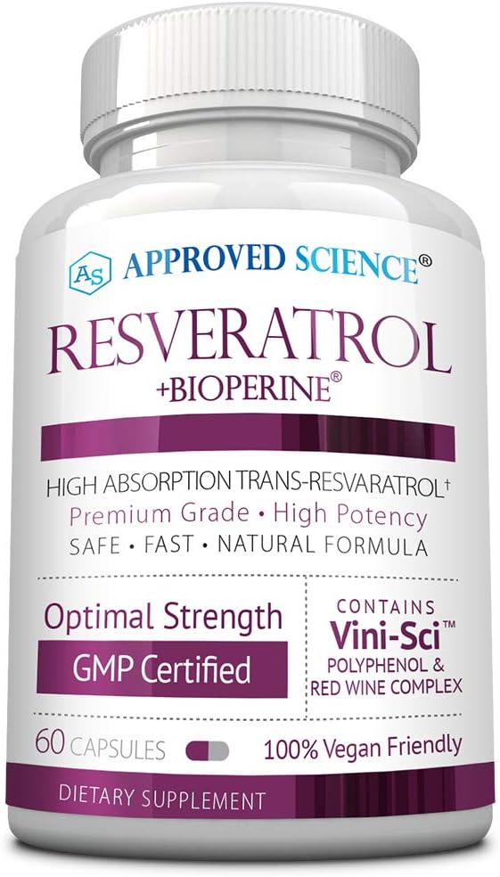 Godkendte Science ® Resveratrol - 1000 mg Trans Resveratrol - 250 mg Polyphenol - 98% Renhed - Inkluderer Bioperine ® - 60 Veganske venlige kapsler - 1 flaske