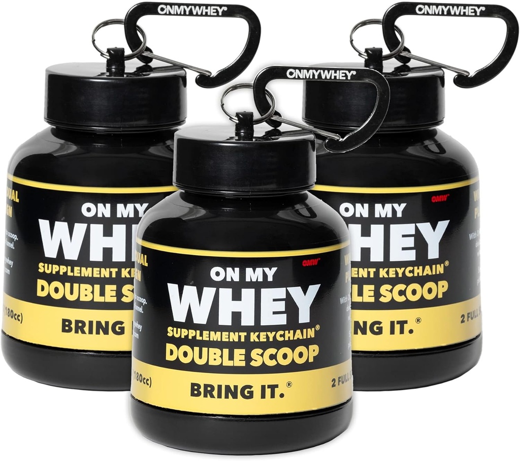 ONMYWHEY Protein Powder Container til at gå - Rejse vand flaske tragt til mixes, Portable Pre Workout supplement Containers & Dispenser tragte, Mini Preworkout Kostholder Keychain flasker