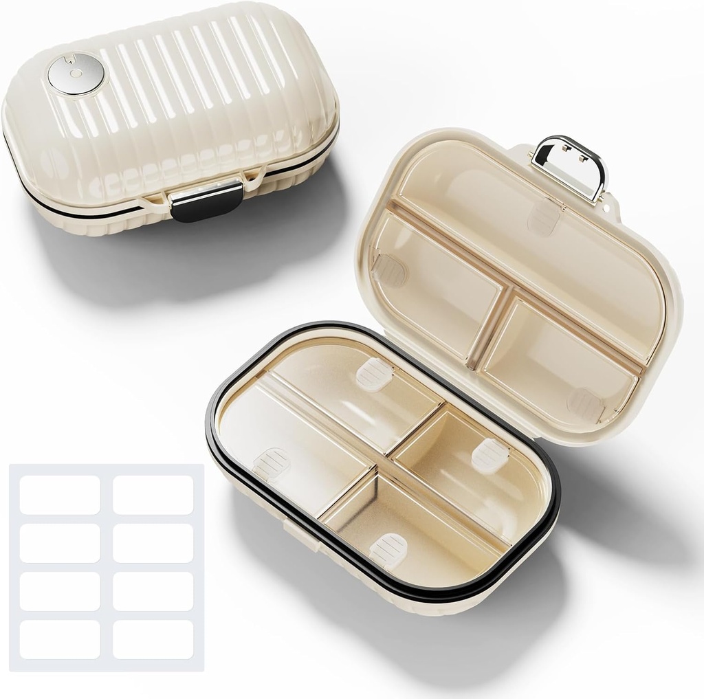Rejsegulve Organizer med etiketter, 7 Compartments Bærbar Pill Box, Lille Pill Case for Pocket Purse, Daglig Vitamin Supplement Pill Container med Medicine Travel Essentials 1 Pack