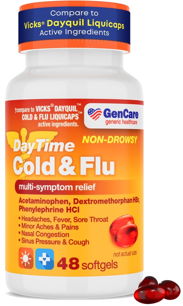GenCare - Multi symptom Non Drowsy Daytime Cold & Flu Relief Acetaminophen 325mg, Dextromethorphan HBr 10mg, Phenylephrin HCl 5mg (48 Softels) Non Habit Forming Pain Reliever & Nasal Decongestant