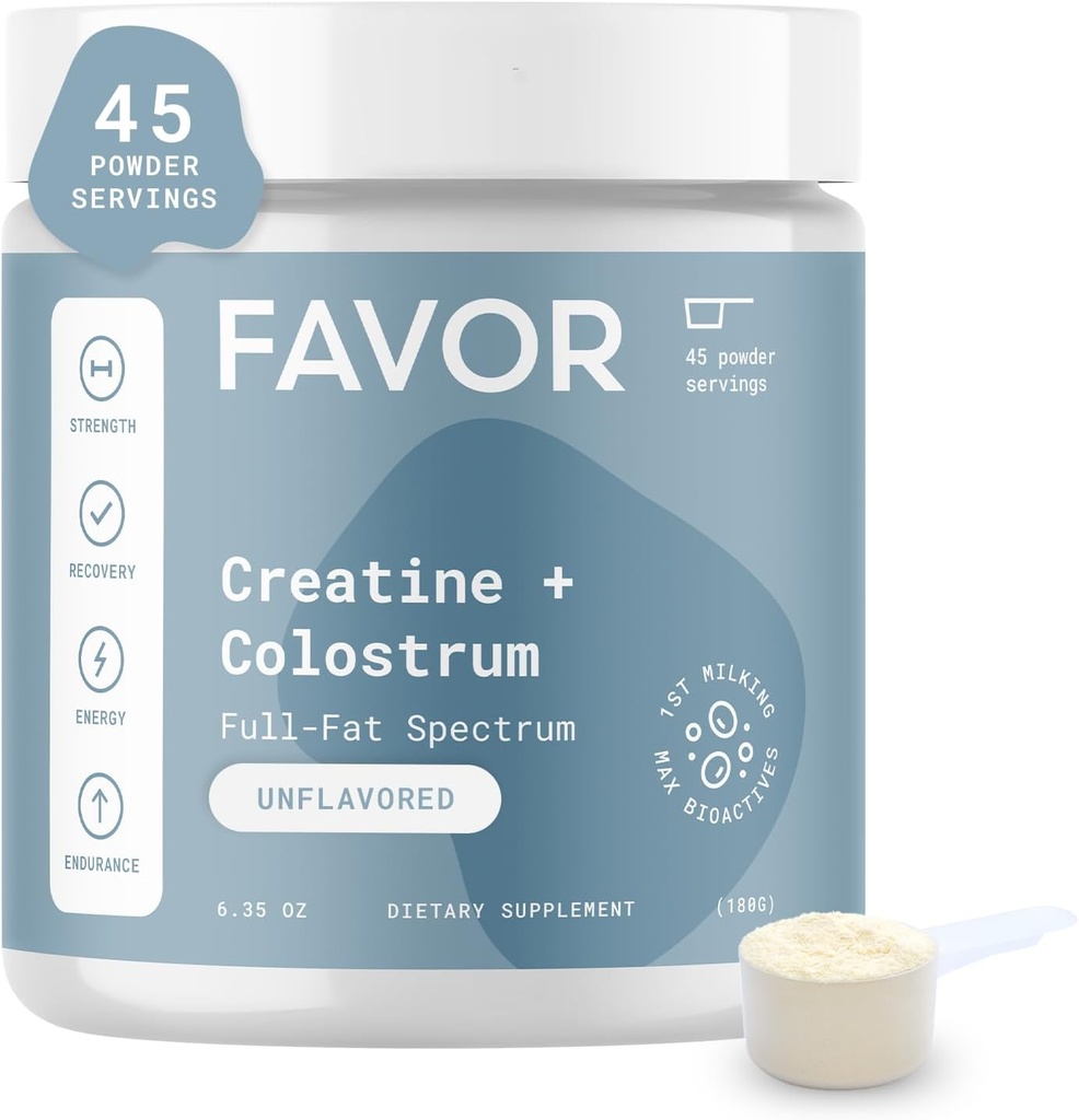 Favor Creatin og Bovine Colostrum Powder - Creatin monohydrat Cow Colostrum Supplement, High Immunoglobulin IgG, Styrke, Muscle Recovery og Gut sundhed for mænd og kvinder, 45 Servering, Unflavored