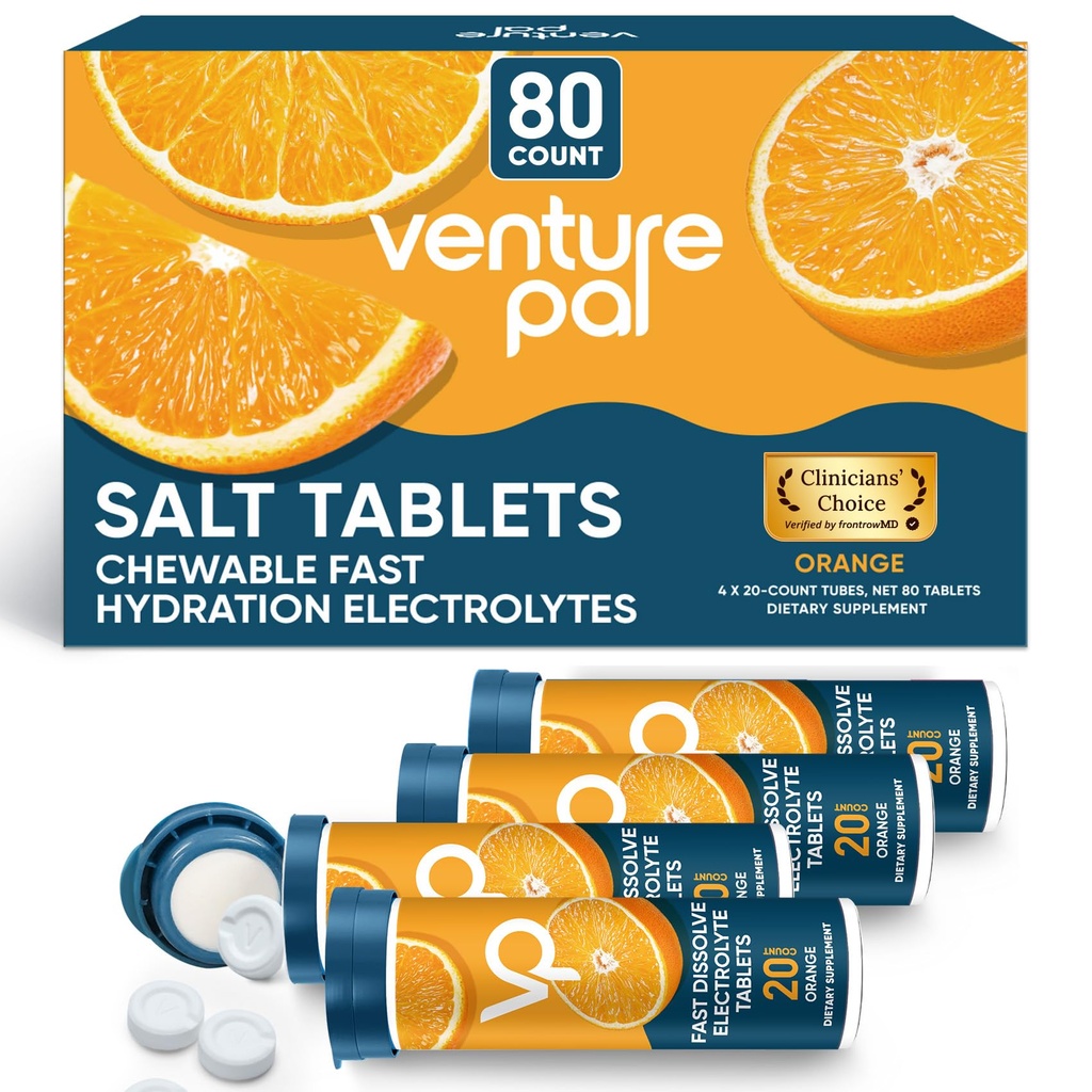 Venture Pal Chewable Electrolyte Tablets, 80 Count Fast-Dissolve Sugar-Free Stick Salt Tablets,Gluten Free – Variety Pack for Rapid Hydration, Outdoor Running, Hiking | Keto & Vegan Friendly | 4 Pack