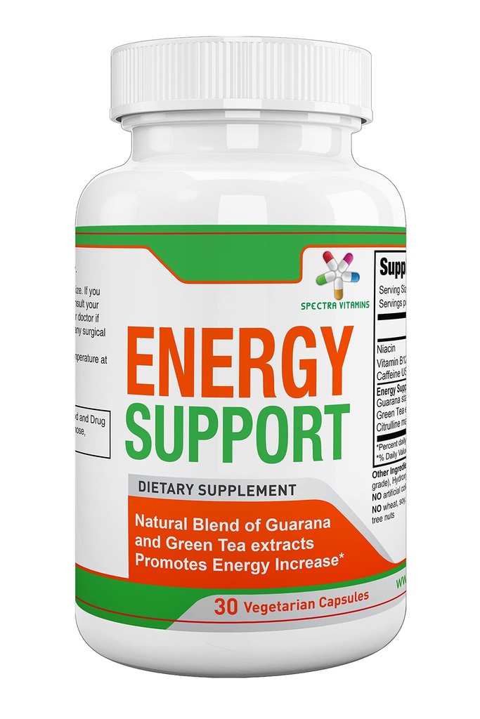 Spectra Vitamin Natural Energy Support 30 Kapsler - Guarana Kapsler - Vitamin B12 - Guarana og grøn te Ekstrakter - Citrullin Energy Kosttilskud med Natural Energy Booster