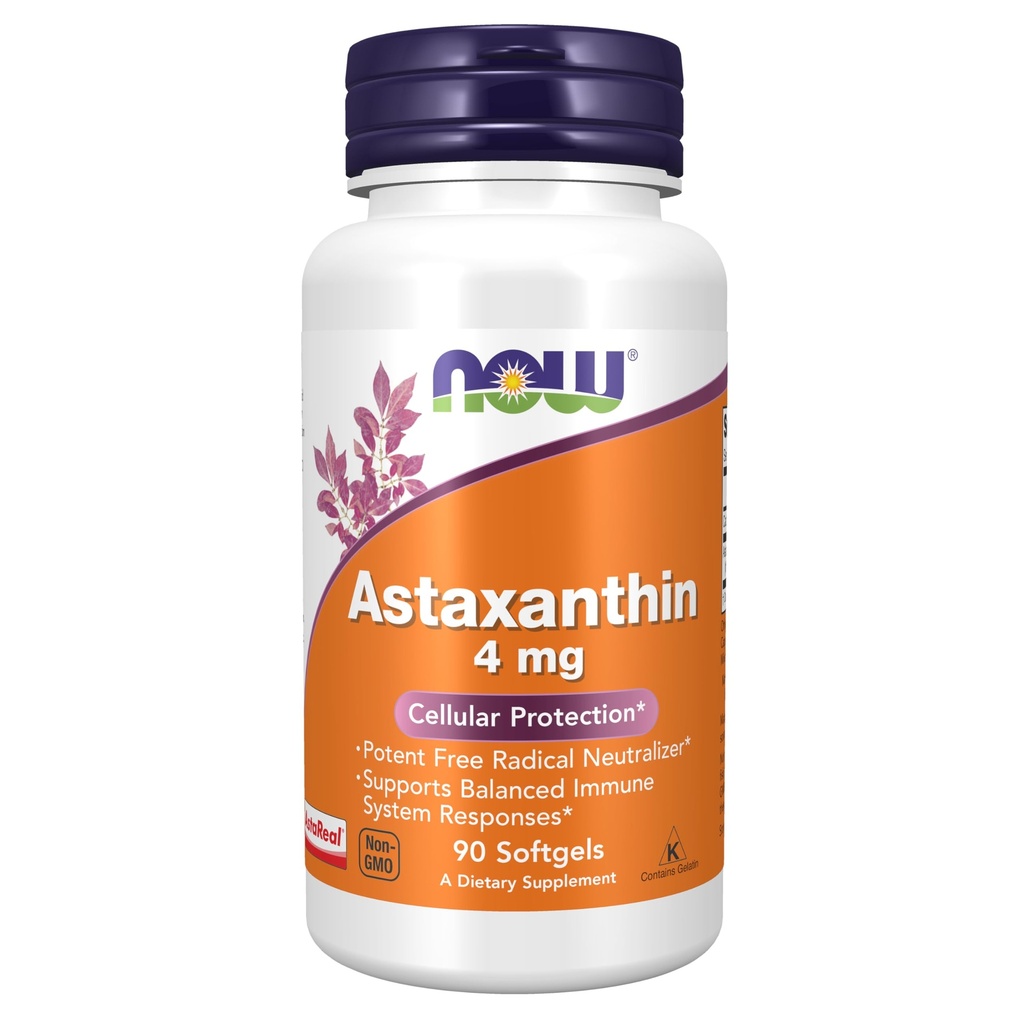 Now Supplements, Astaxanthin 4 mg afledt af ikke- GMO 'er Haematococcus Pluvialis Mikroalger og har naturligt forekommende Lutein, Canthaxanthin og Beta- Caroten, 90 Softgels