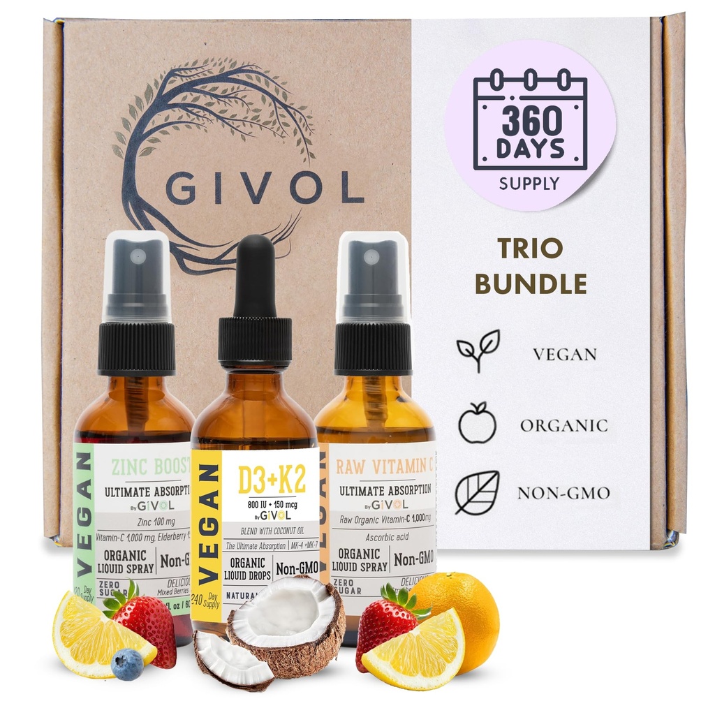 Immunity Support Pack - Raw Vitamin C, D3 & K2 Liquid, Zink Picolinate - Premium Heart Health Vitaminer w / Essential Minerals, Antioxidant Properties, & Kardiovaskulære fordele - 180 dages forsyning