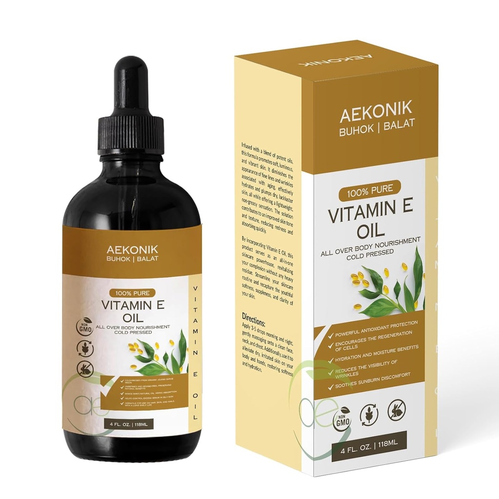 Økologisk E-vitamin olie - Essentiel Pure E-vitamin olie til kropspleje og hudpleje - 4-Oz flaske til tør hud, rynker, stretch mærker, acne & anti-aging