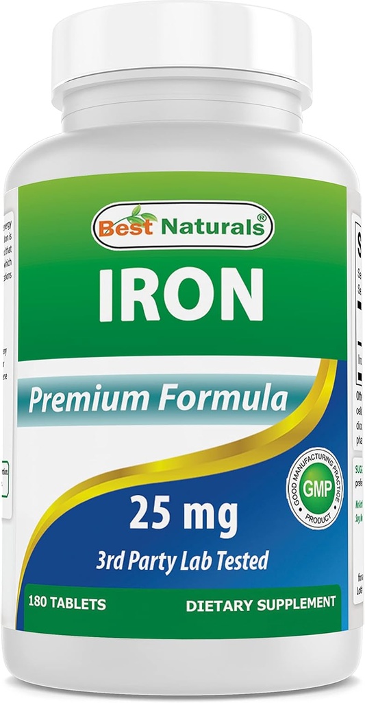Best Naturals Iron Supplement (Iron Bisglycinate) - 25mg - 180 Tablets - Gentle of Stomach - Non-Constipating