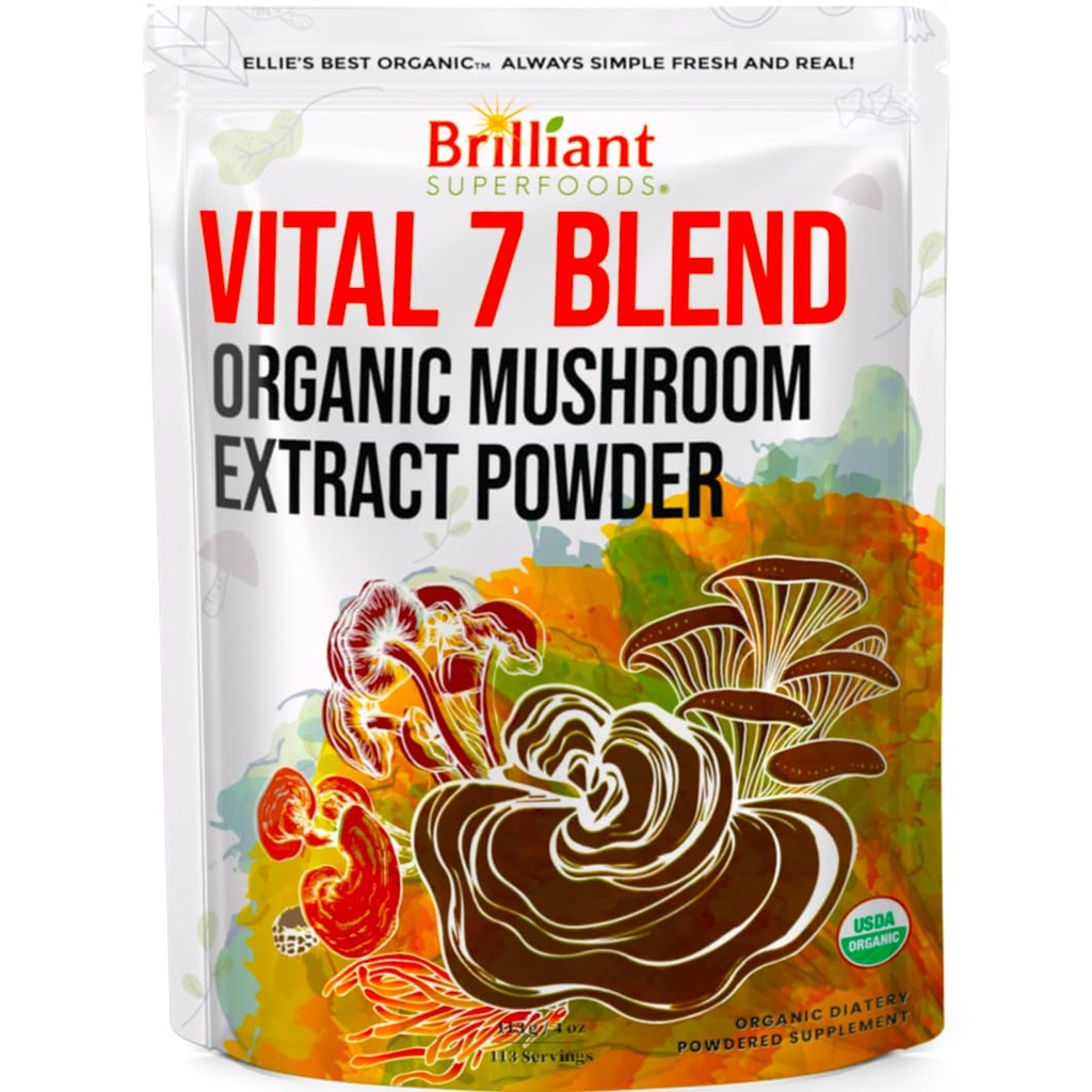 Ellie 's Best 7 Mushroom Powder Blend Supplement Organic 114 Servering høj potens Dobbelt Extraded Cordyceps, Reishi, Tyrkiet Tail, Chaga, Lions Mane - 4oz